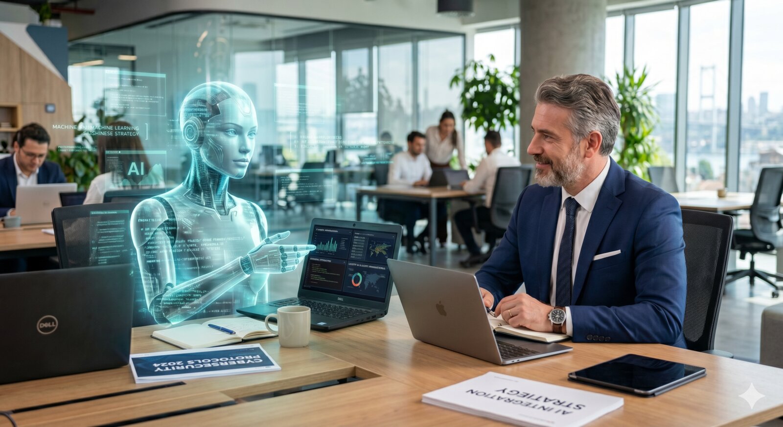 Human expert and AI virtual consultant working together on corporate security